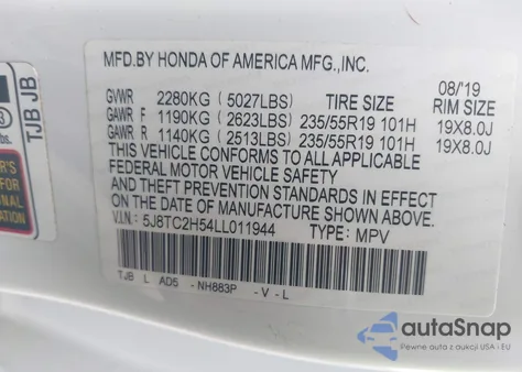 2020 Acura Rdx Technology Package from USA, damaged, VIN 5J8TC2H54LL011944